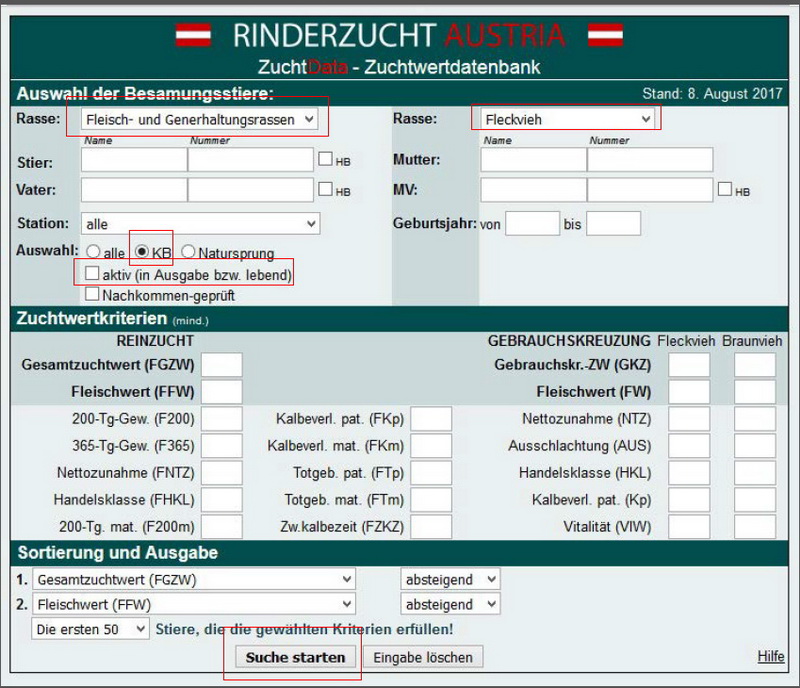 Zuchtwertdatenbank - Fleckvieh Fleisch