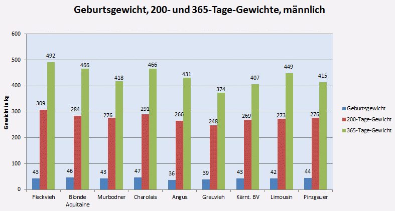 Geburtsgewicht, Gewicht am 200. Tag und am 365.Tag der männlichen Stierkälber