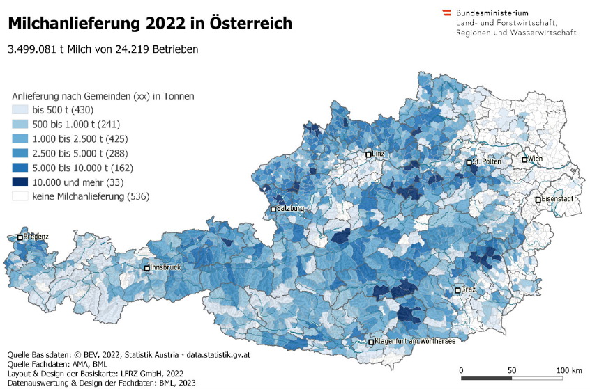 Abb. 2: Milchanlieferung 2022 in Österreich