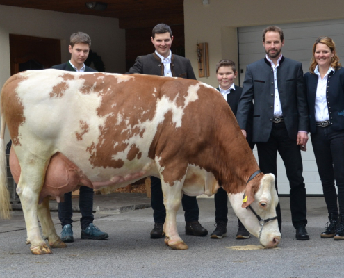 Familie Werlberger Hubert und Elisabeth mit den Söhnen Hubert, Johannes und Simon mit 100000 Liter Golden Girl Munter Foto Privat